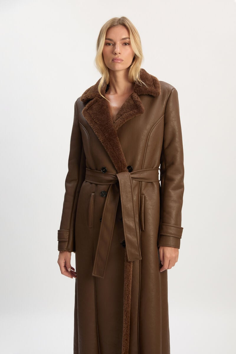 Bardot Vegan Leather Shearling Coat In Chocolate