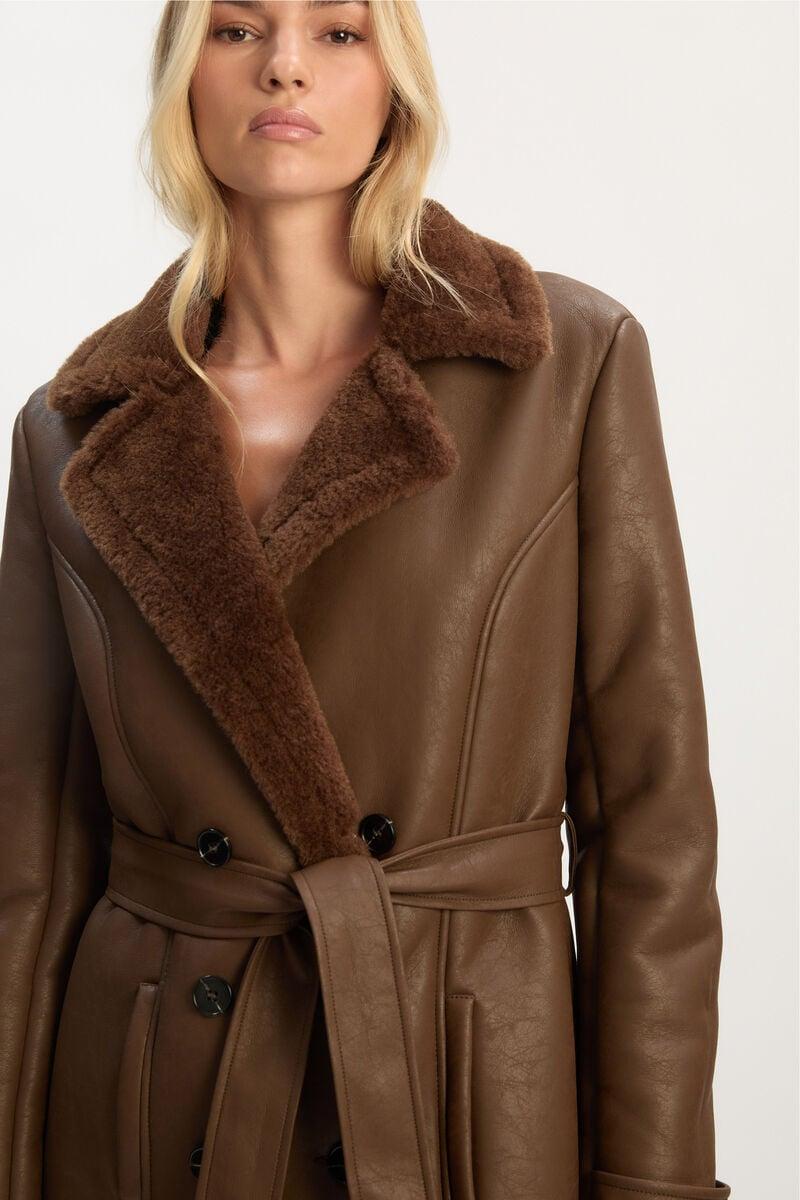 Bardot Vegan Leather Shearling Coat In Chocolate