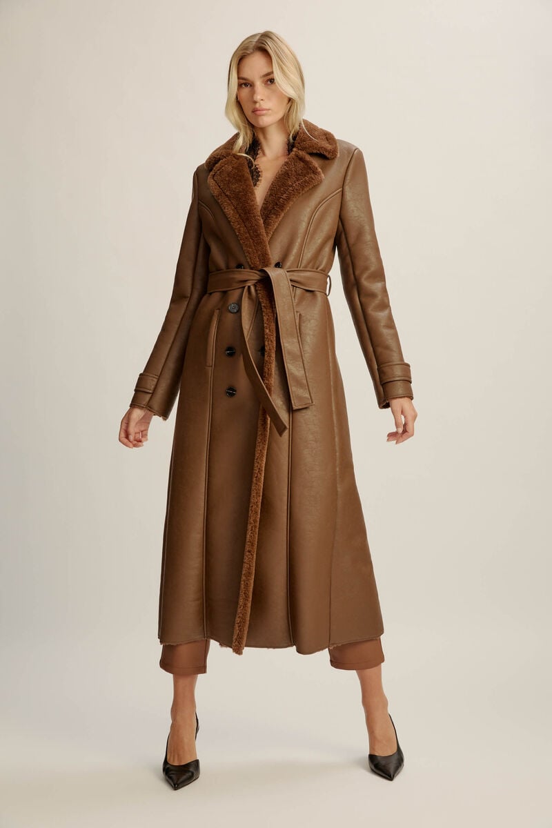 bardot vegan leather shearling coat in chocolate