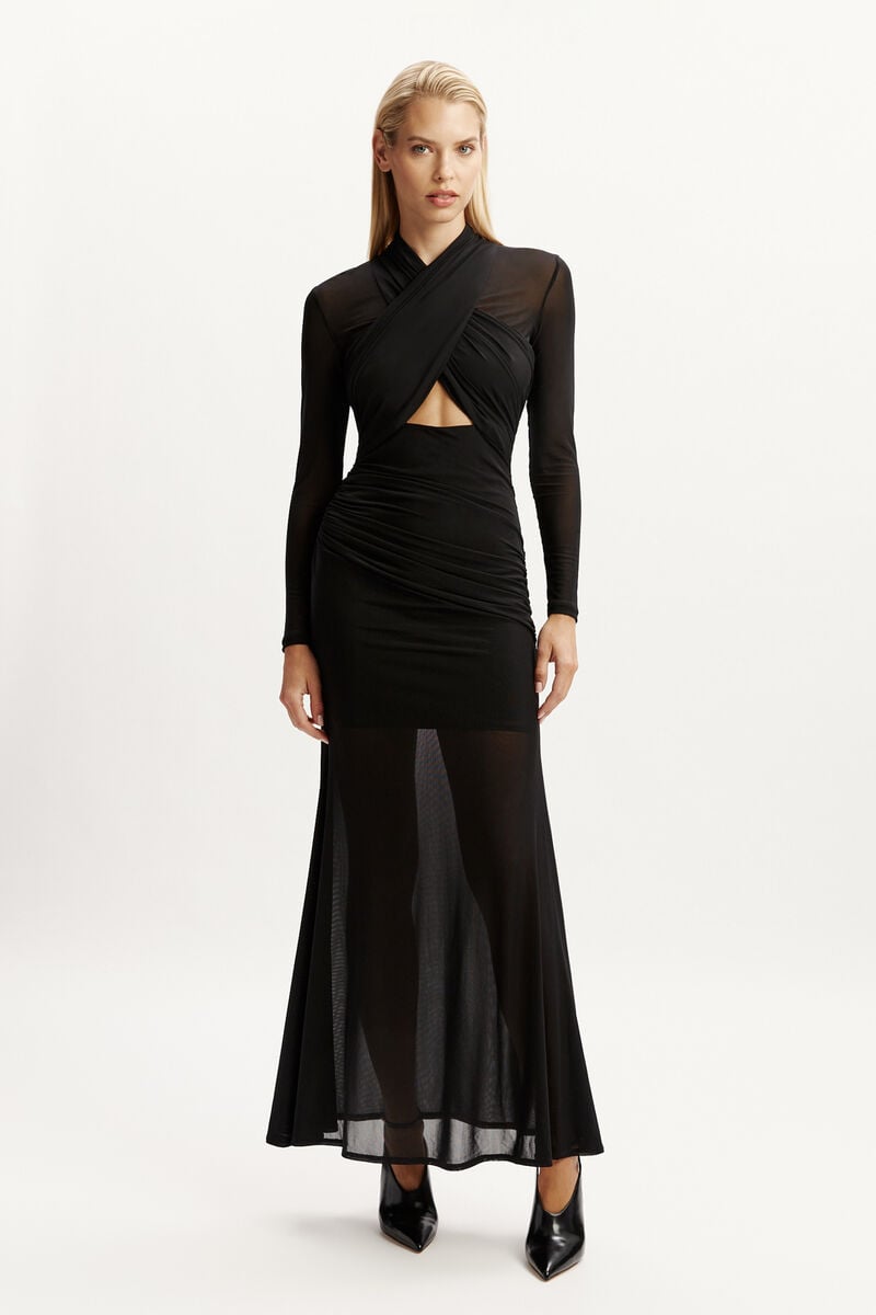 Bardot Veria Wrap Mesh Maxi Dress In Black