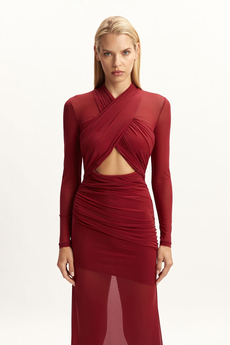 Bardot Veria Wrap Mesh Maxi Dress In Burgundy