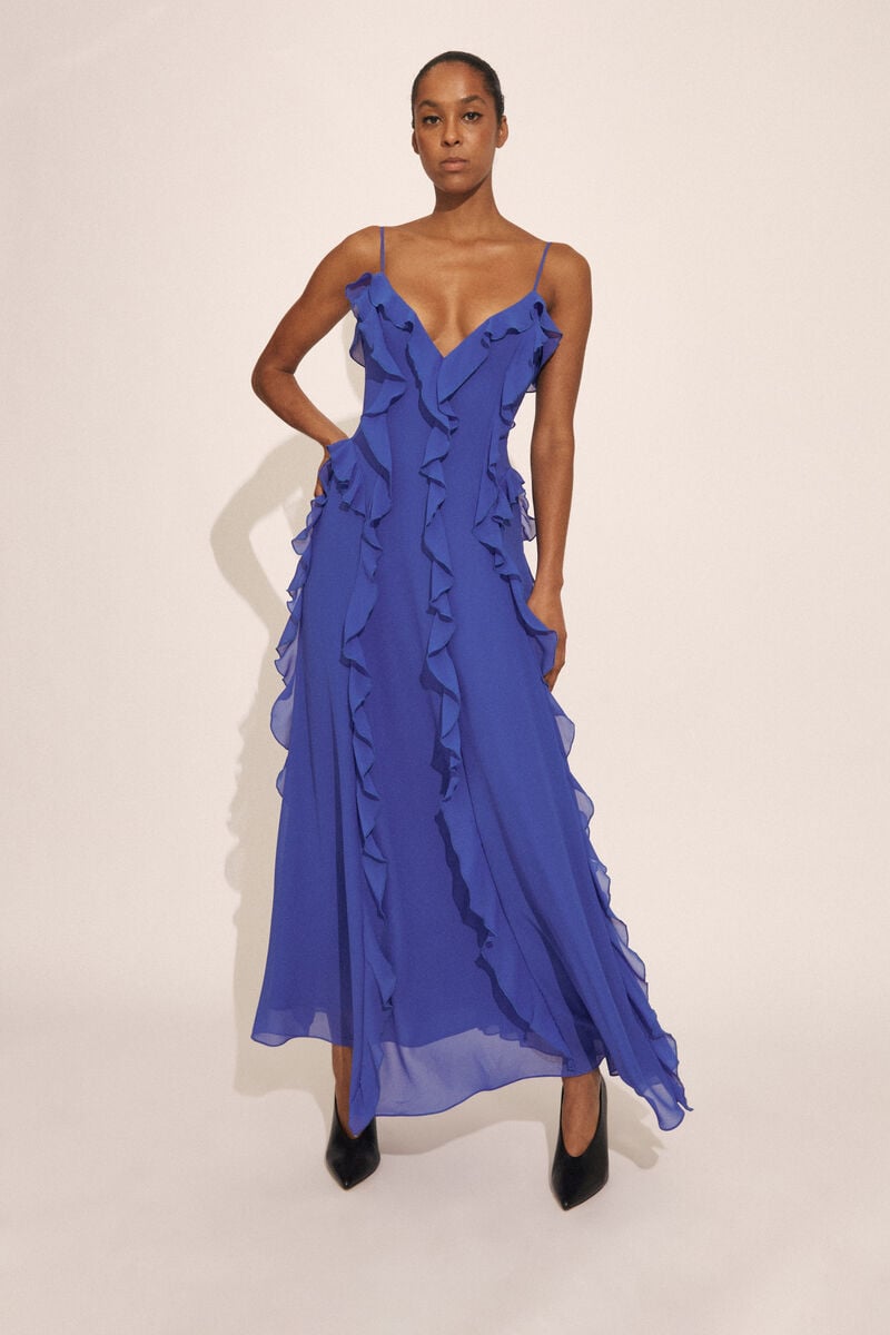 bardot veris ruffle maxi dress in electrc bl