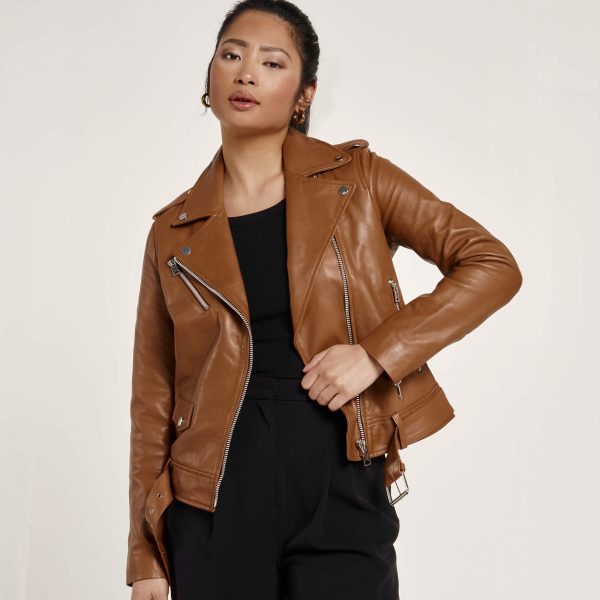barneys originals Women’s Tan Leather Biker Jacket
