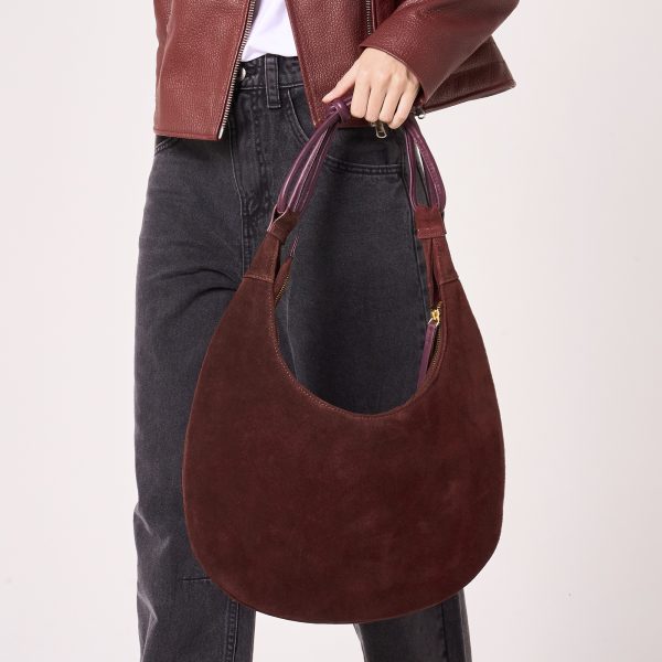 barneys originals Crescent Burgundy Suede Bag with Leather Tie Strap