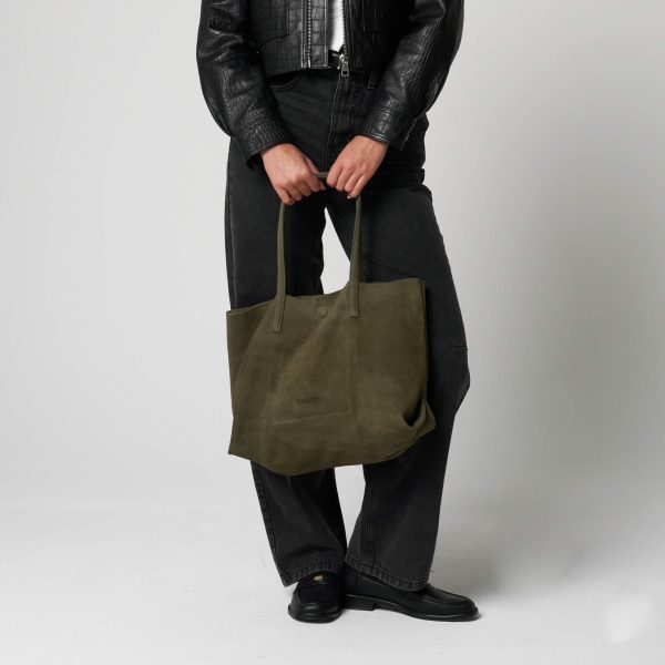 Barneys Originals Khaki Green Real Cow Suede Everyday Tote Bag