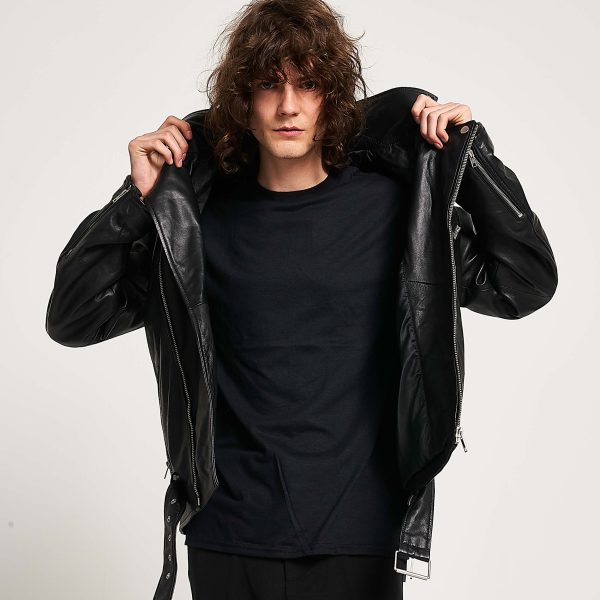 Barneys Originals Men’s Belted Real Leather Biker Jacket