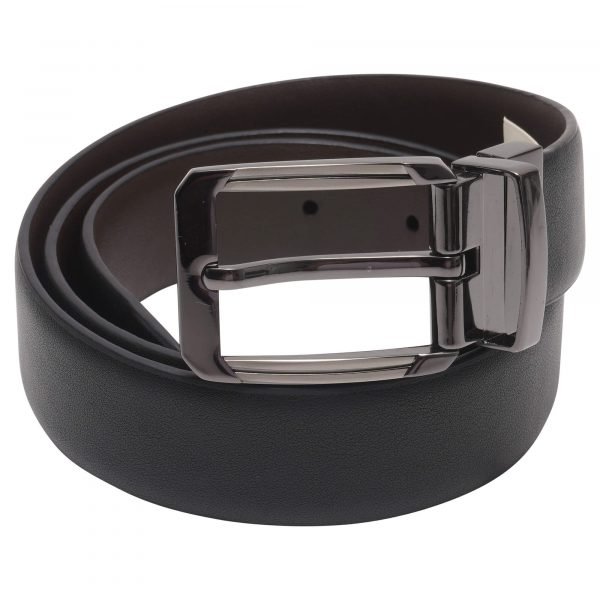 Barneys Originals Men’s Black & Brown Reversible Bonded Leather Belt With Gunmetal Silver Buckle