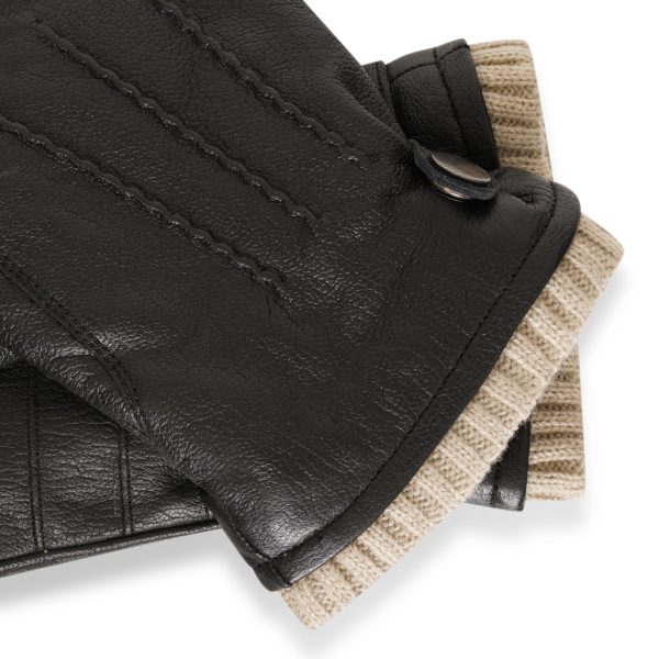 Barneys Originals Men’s Black Goat Leather Gloves With Knitted Cream Cuff