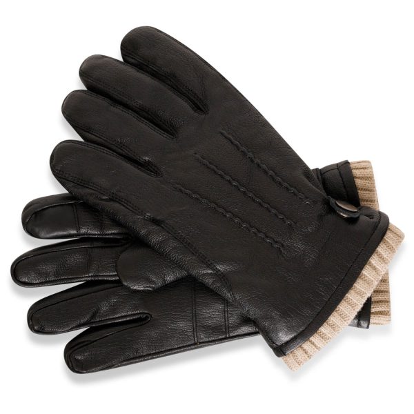 barneys originals Men’s Black Goat Leather Gloves with Knitted Cream Cuff