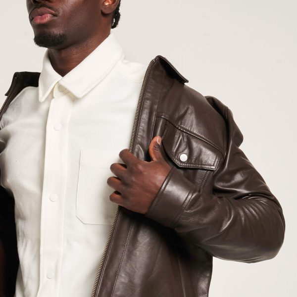 Barneys Originals Men’s Brown Leather Patch-Pocket Harrington