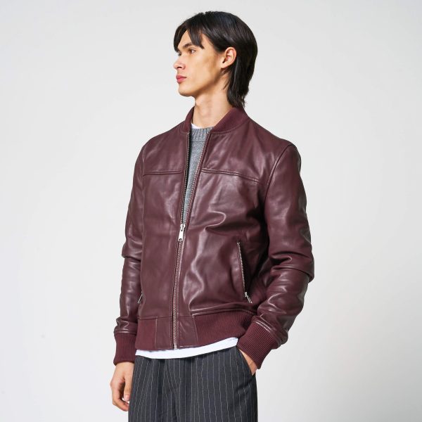 barneys originals Men’s Burgundy Leather Bomber Jacket