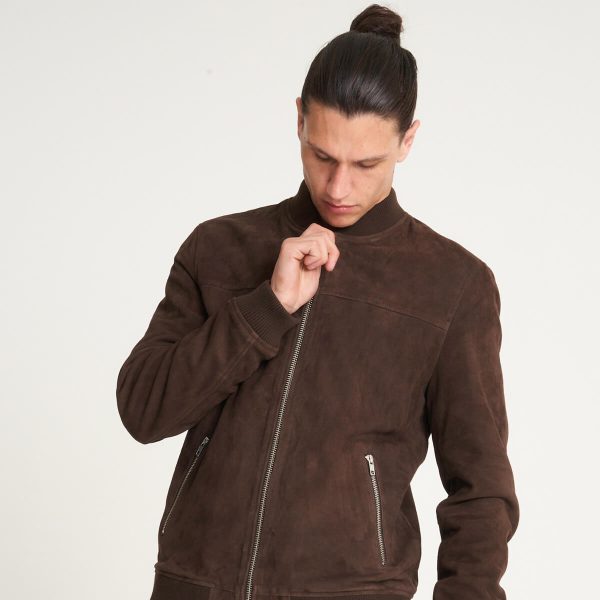 Barneys Originals Men’s Chocolate Brown Goat Suede Bomber Jacket