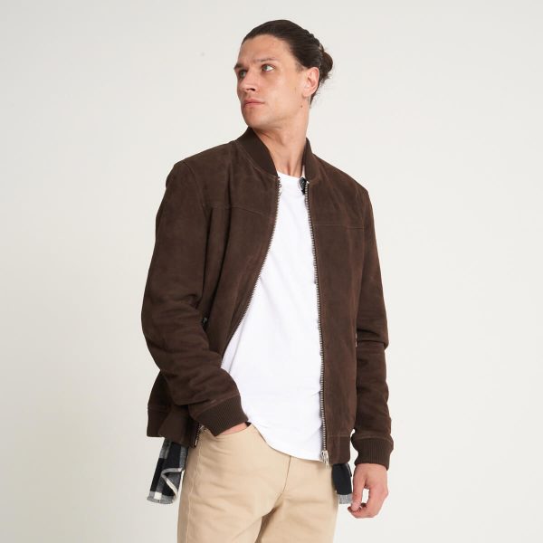 barneys originals Men’s Chocolate Brown Goat Suede Bomber Jacket