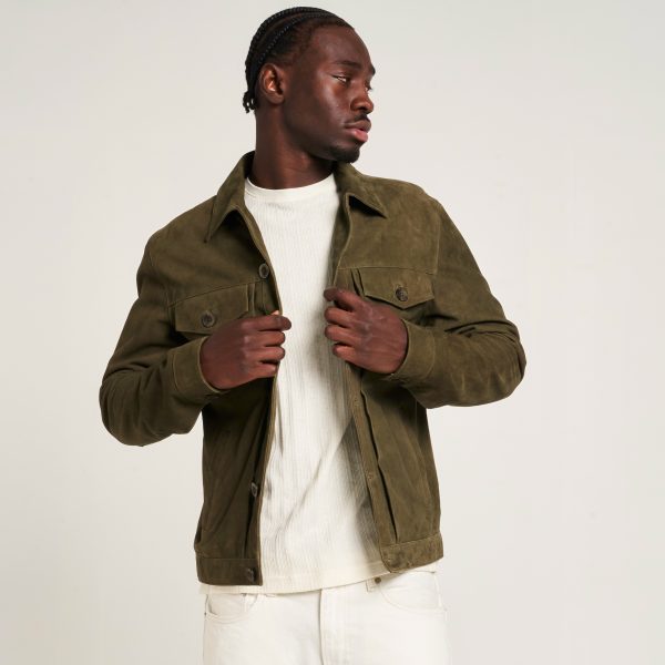 Barneys Originals Men’s Khaki Goat Suede Trucker Jacket
