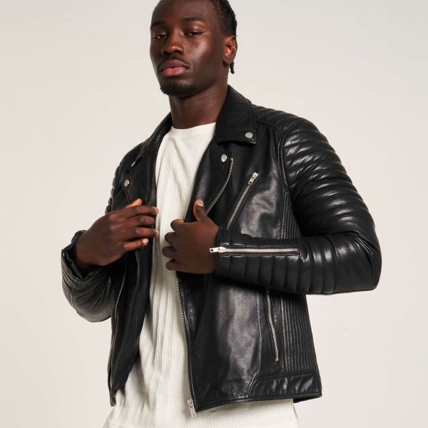 Barneys Originals Men’s Leather Biker Jacket With Quilted Ribbed Sleeves