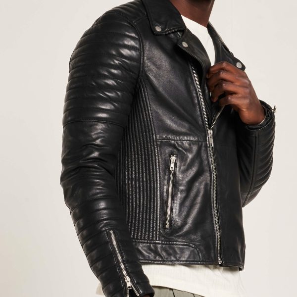 Barneys Originals Men’s Leather Biker Jacket With Quilted Ribbed Sleeves
