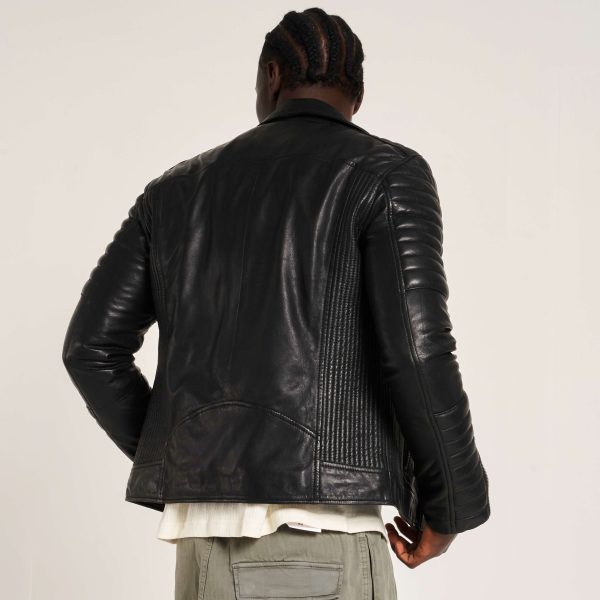 Barneys Originals Men’s Leather Biker Jacket With Quilted Ribbed Sleeves