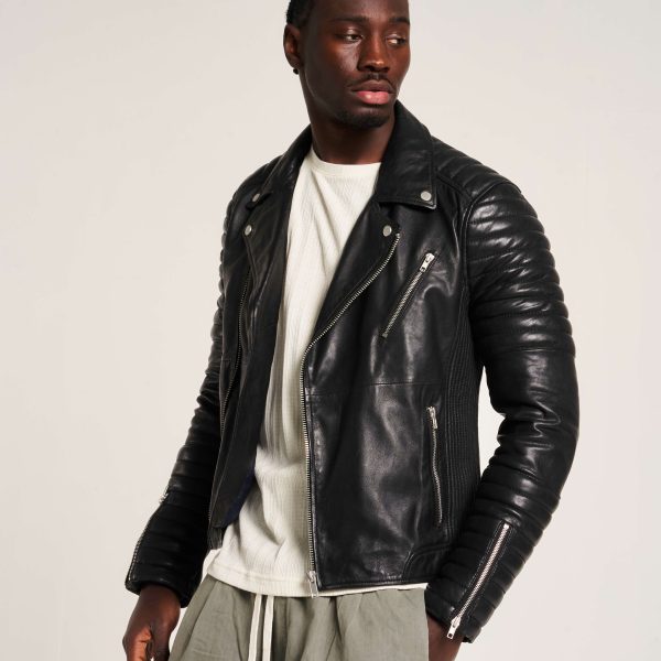 barneys originals Men’s Leather Biker Jacket with Quilted Ribbed Sleeves
