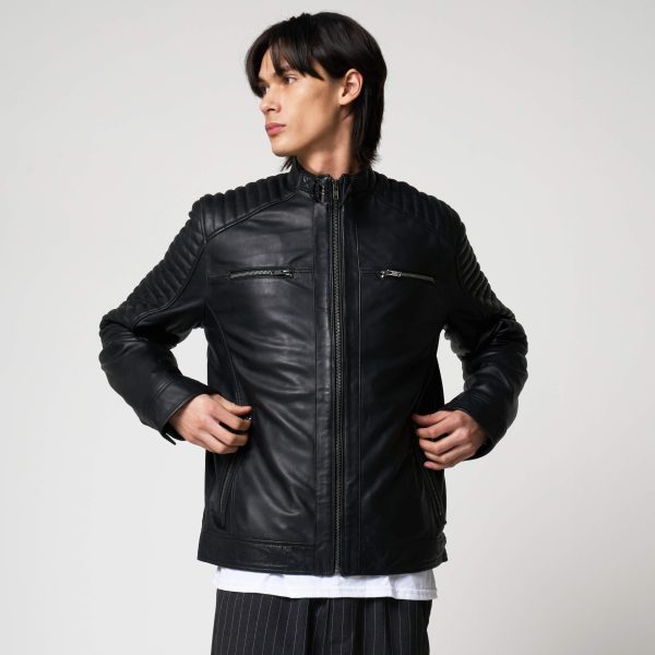 Barneys Originals Men’s Leather Racer Jacket With Quilted Shoulders