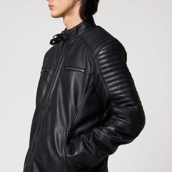 Barneys Originals Men’s Leather Racer Jacket With Quilted Shoulders