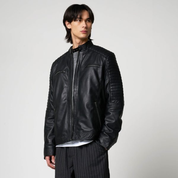 barneys originals Men’s Leather Racer Jacket with Quilted Shoulders