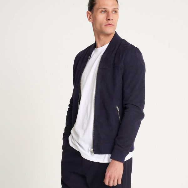 Barneys Originals Men’s Navy Goat Suede Bomber Jacket