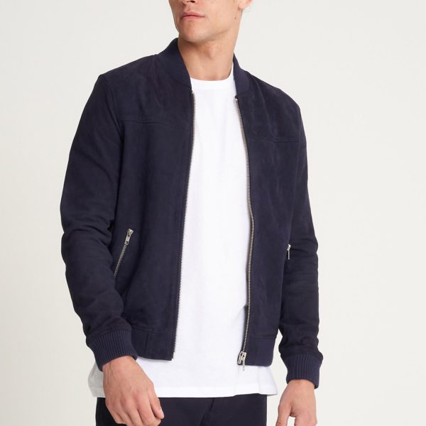 Barneys Originals Men’s Navy Goat Suede Bomber Jacket