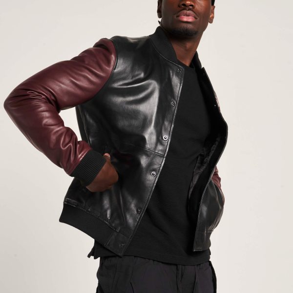 Barneys Originals Men’s Real Leather Varsity Jacket In Black And Maroon