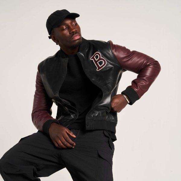 Barneys Originals Men’s Real Leather Varsity Jacket In Black And Maroon