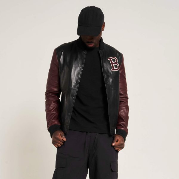 Barneys Originals Men’s Real Leather Varsity Jacket In Black And Maroon