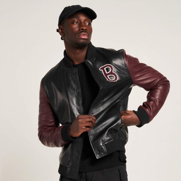 barneys originals Men’s Real Leather Varsity Jacket in Black and Maroon