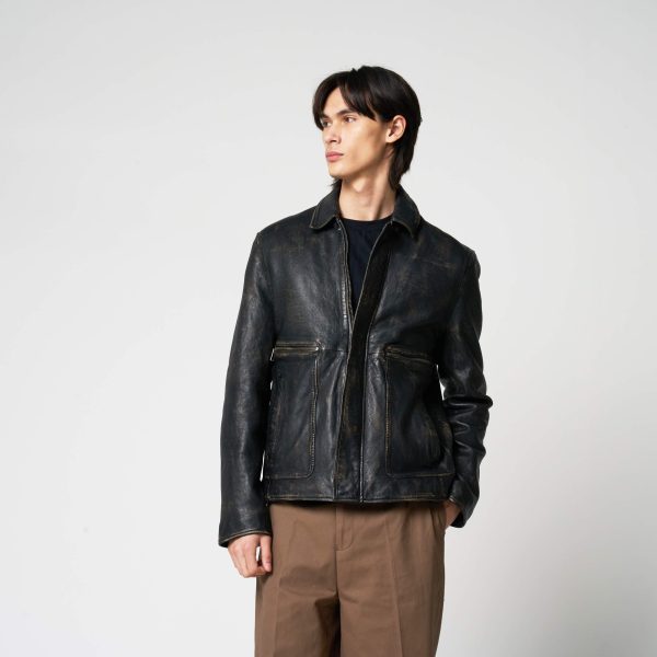 Barneys Originals Men’s Vintage Look Washed Leather Trucker Jacket – The Corey