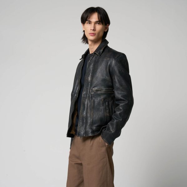 barneys originals Men’s Vintage Look Washed Leather Trucker Jacket – The Corey