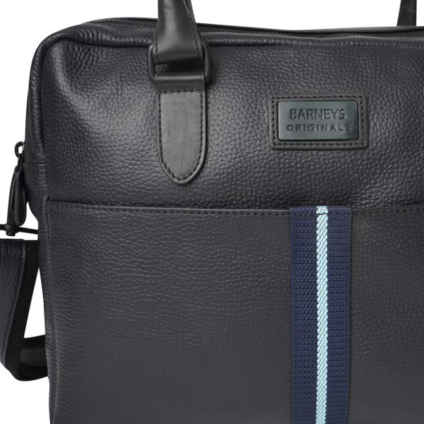 Barneys Originals Real Leather Messenger Bag With Navy & Light Blue Stripe