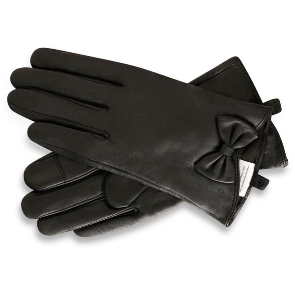 barneys originals Women’s Black Leather Gloves with Bow Detailing