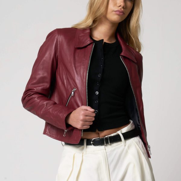 Barneys Originals Women’s Cropped Cherry-Red Leather Harrington Jacket