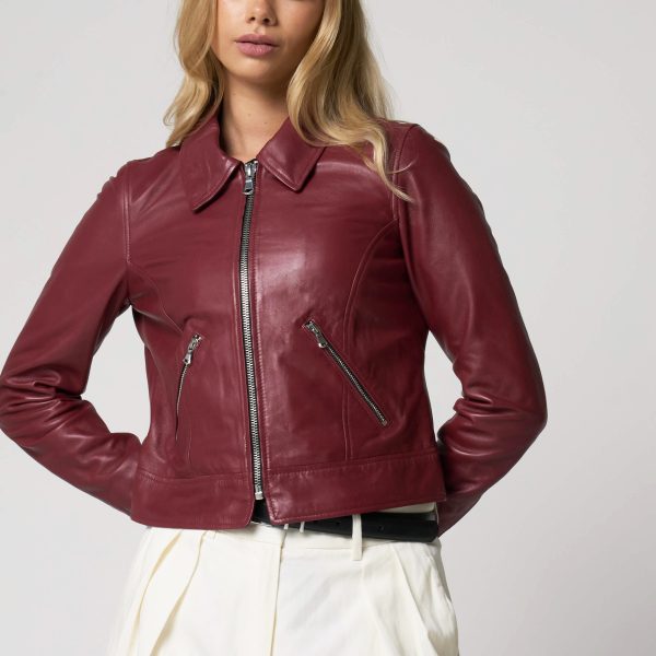 Barneys Originals Women’s Cropped Cherry-Red Leather Harrington Jacket