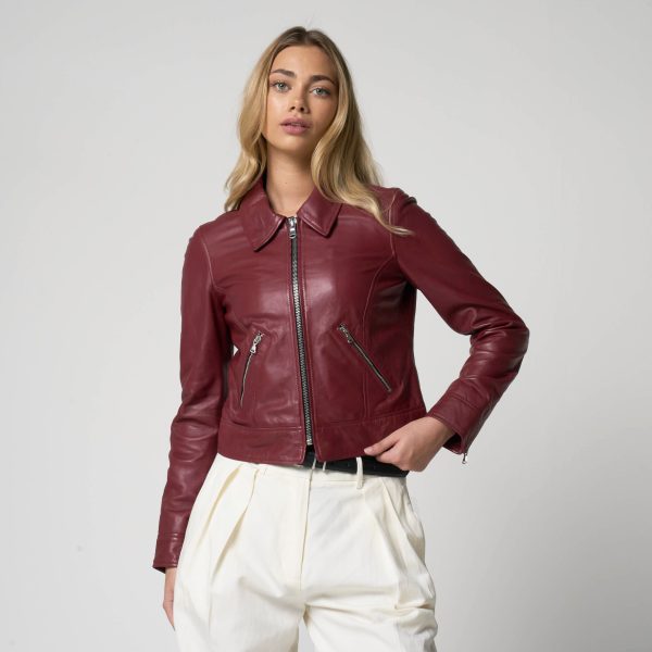 barneys originals Women’s Cropped Cherry-Red Leather Harrington Jacket