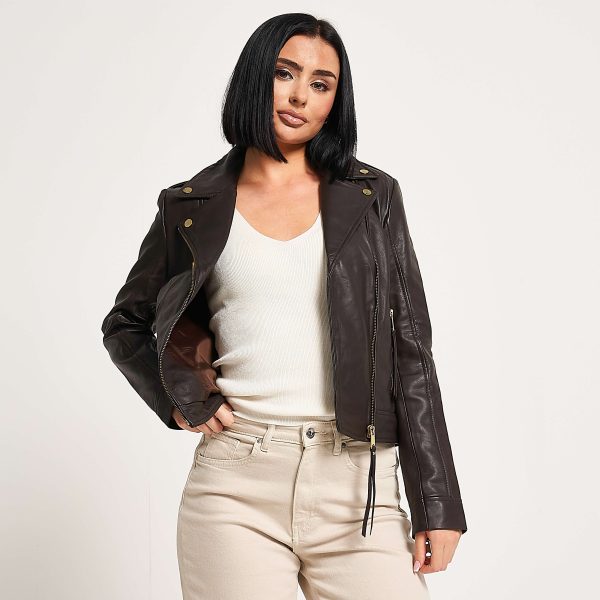 Barneys Originals Women’s Gold Trim Leather Biker Jacket In Brown