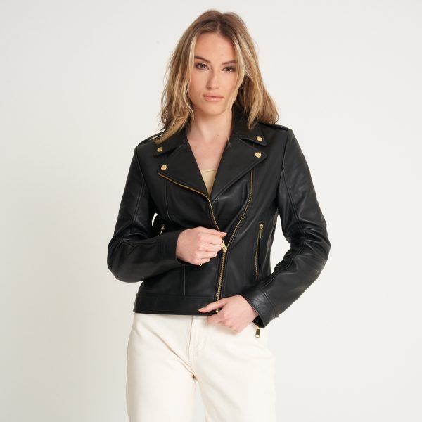 Barneys Originals Women’s Gold Trim Leather Biker Jacket – Samie