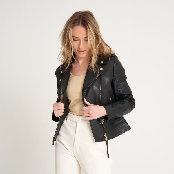 barneys originals Women’s Gold Trim Leather Biker Jacket – Samie