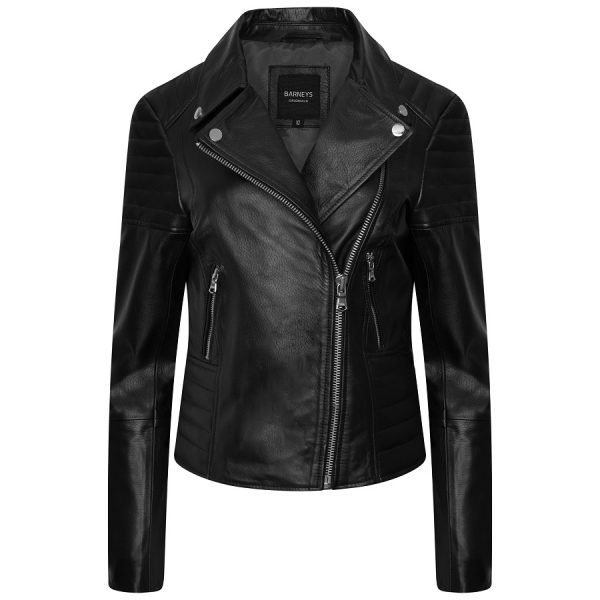Barneys Originals Women’s Leather Ribbed Asymmetric Biker Jacket – Victoria