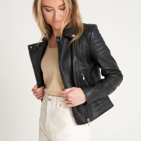 barneys originals Women’s Leather Ribbed Asymmetric Biker Jacket – Victoria