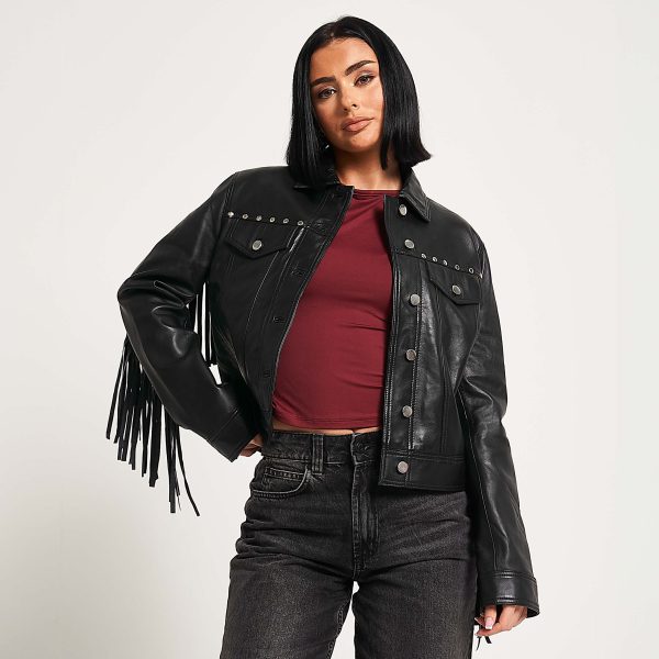 Barneys Originals Women’s Leather Tassel Biker Jacket