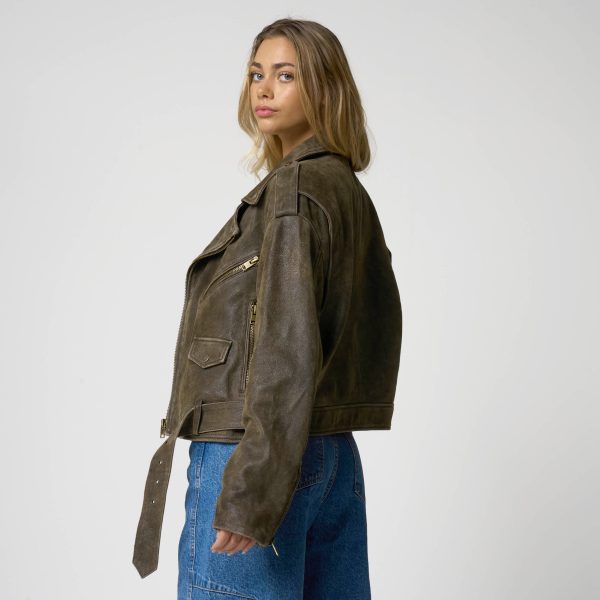 Barneys Originals Women’s Oversized Cropped Khaki Suede Biker