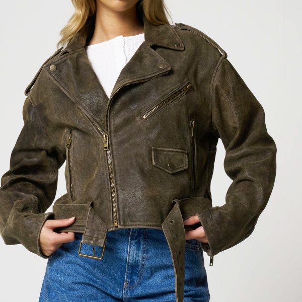 Barneys Originals Women’s Oversized Cropped Khaki Suede Biker