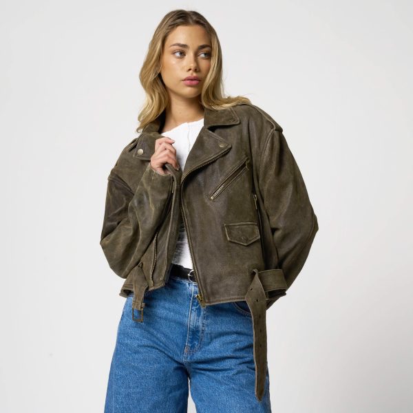 barneys originals Women’s Oversized Cropped Khaki Suede Biker
