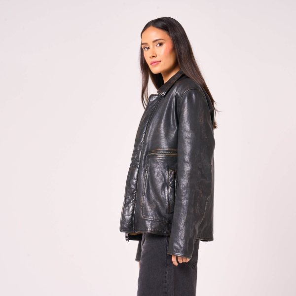 Barneys Originals Women’s Oversized Vintage Look Leather Trucker Jacket – The Corey