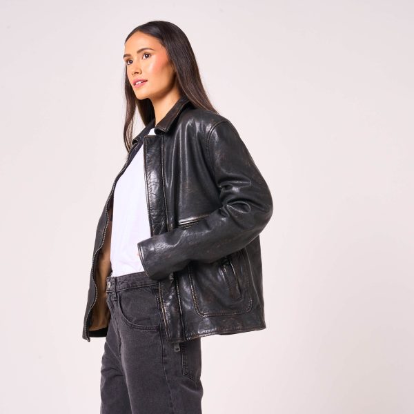 Barneys Originals Women’s Oversized Vintage Look Leather Trucker Jacket – The Corey