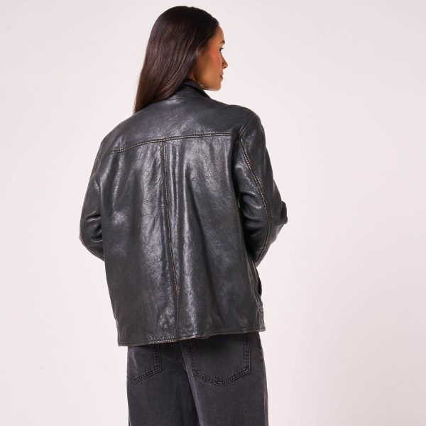 Barneys Originals Women’s Oversized Vintage Look Leather Trucker Jacket – The Corey